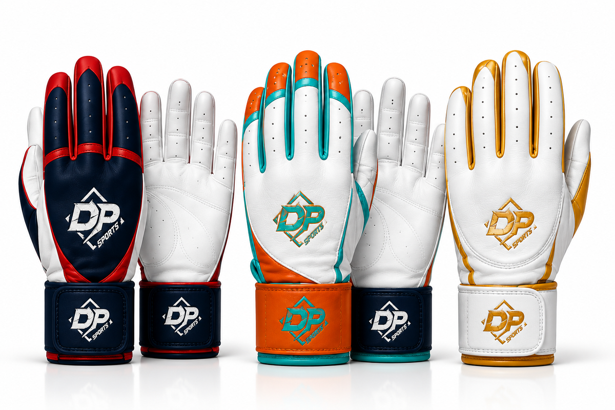 DP batting glove concept colorways in navy and red, orange and teal, and white and gold