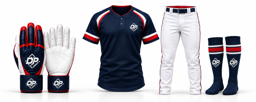 Concept study of coordinated navy and red DP gloves, jersey, white pants and socks