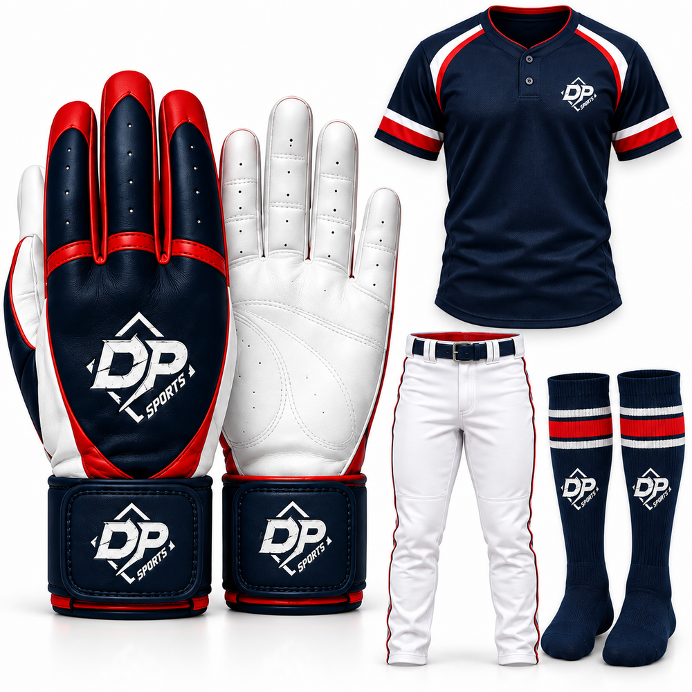 Square concept study of navy and red DP batting gloves, jersey, white pants and socks